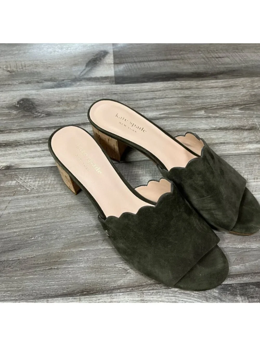 Kate Spade Warren Scalloped Heeled Mules Olive Green Women’s Size 8